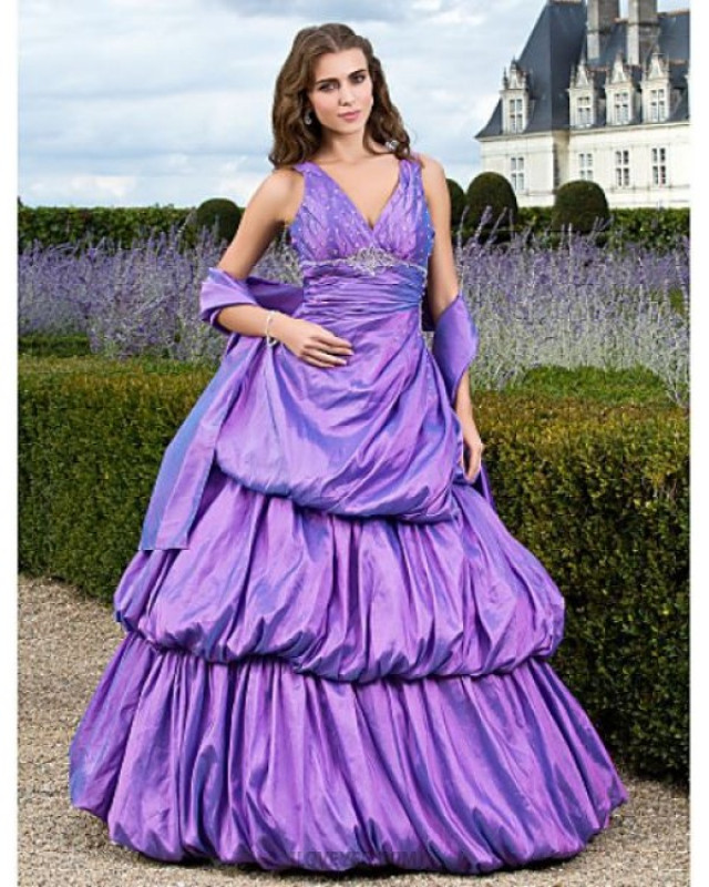 A Line Ball Gown Princess V Neck Floor Length Taffeta Prom Quinceanera