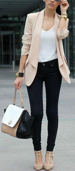 Black jeans, blazer and heels. on Stylevore