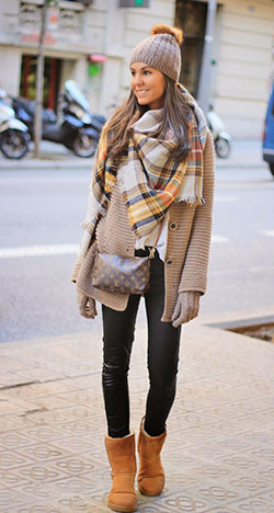 Brown ankle boots and leggings with checked scarves on Stylevore