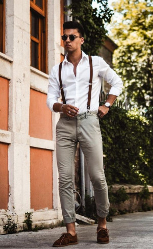 With white shirt gray pants brown shoes brown bag and felt hat  Hipster  mens fashion Hipster outfits men Mens outfits
