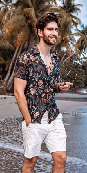 Brown Shirt, Beach Outfits With Black Shorts, Summer Outfit For Men | Dress  shirt, men's clothing