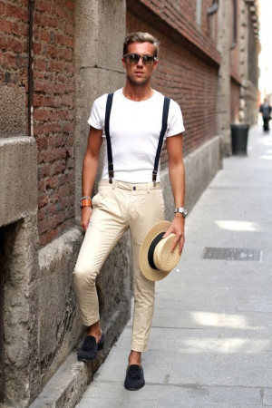 White Shirt, Suspenders Outfit Designs With Beige Grey Trouser ...
