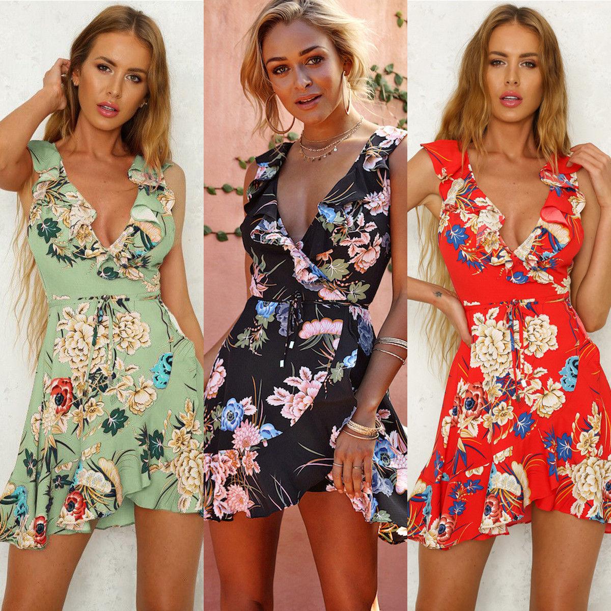 Women’s Boho Floral Chiffon Summer Party Evening Beach Short Mini Dress ...