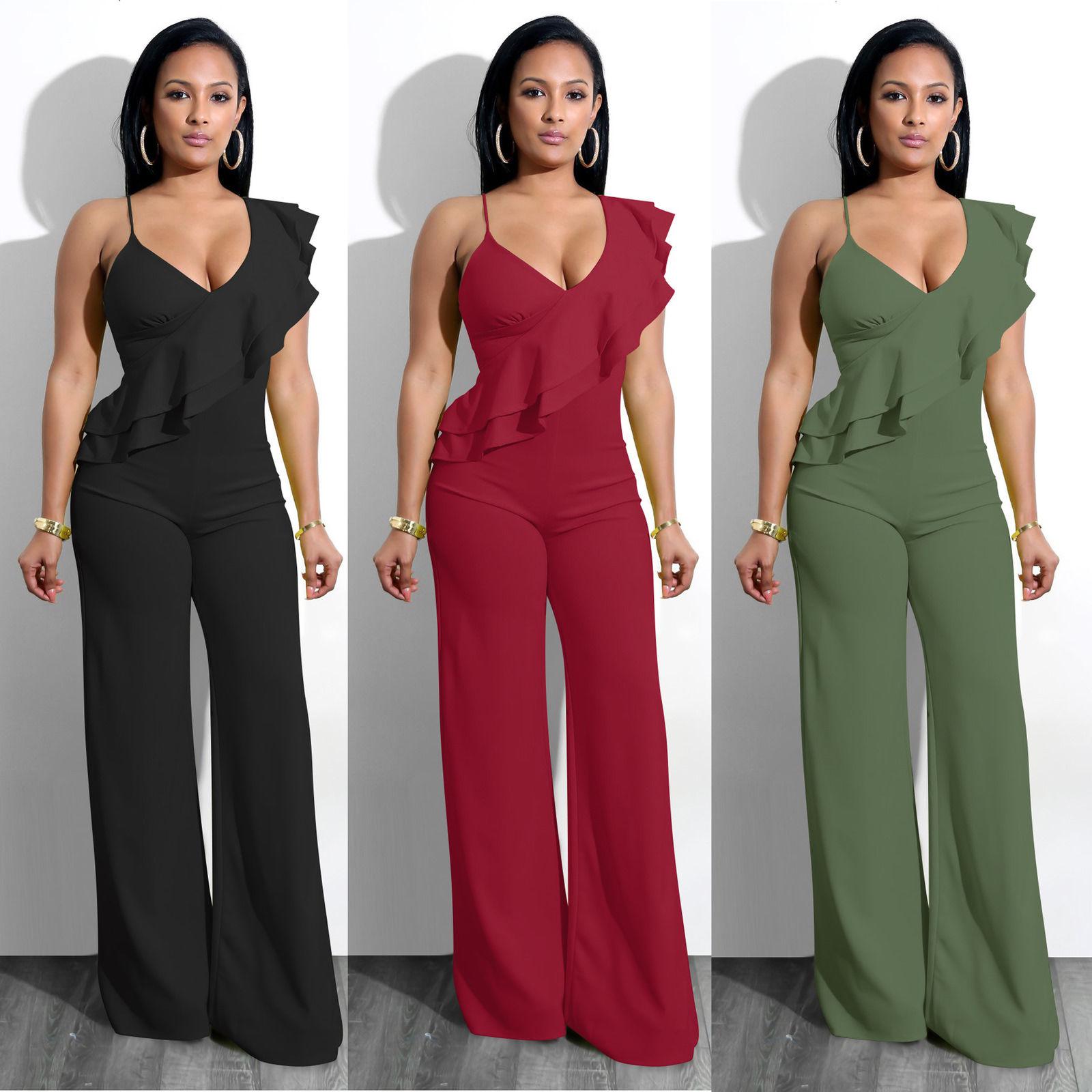 Sexy Women sleeveless ruffled v Neck bodycon casual club party jumpsuit ...