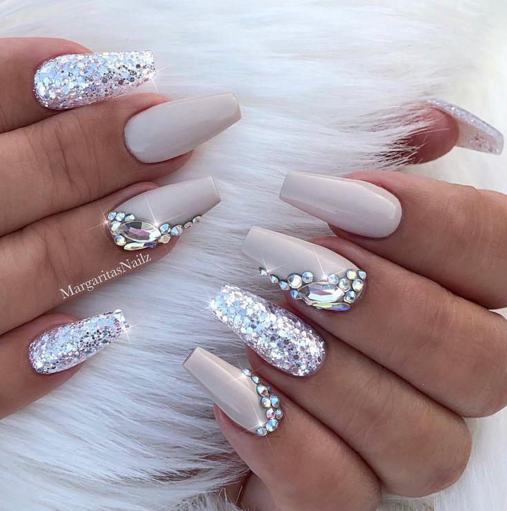 Nude coffin nails Silver glitter bling nail art design… on Stylevore