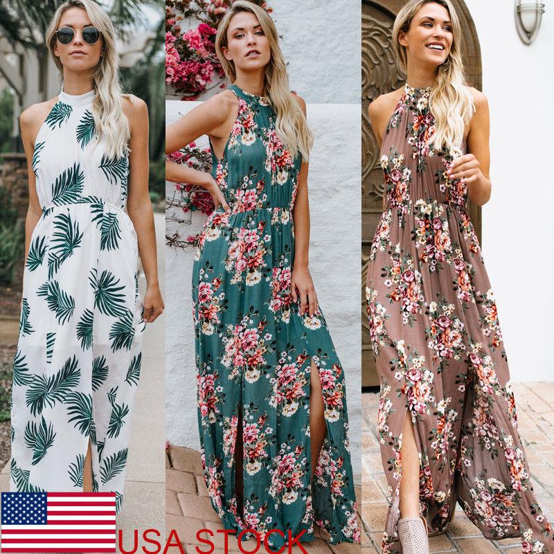 USA Women’s Floral Boho Maxi Halter Dress Beach Party Sleeveless Summer ...