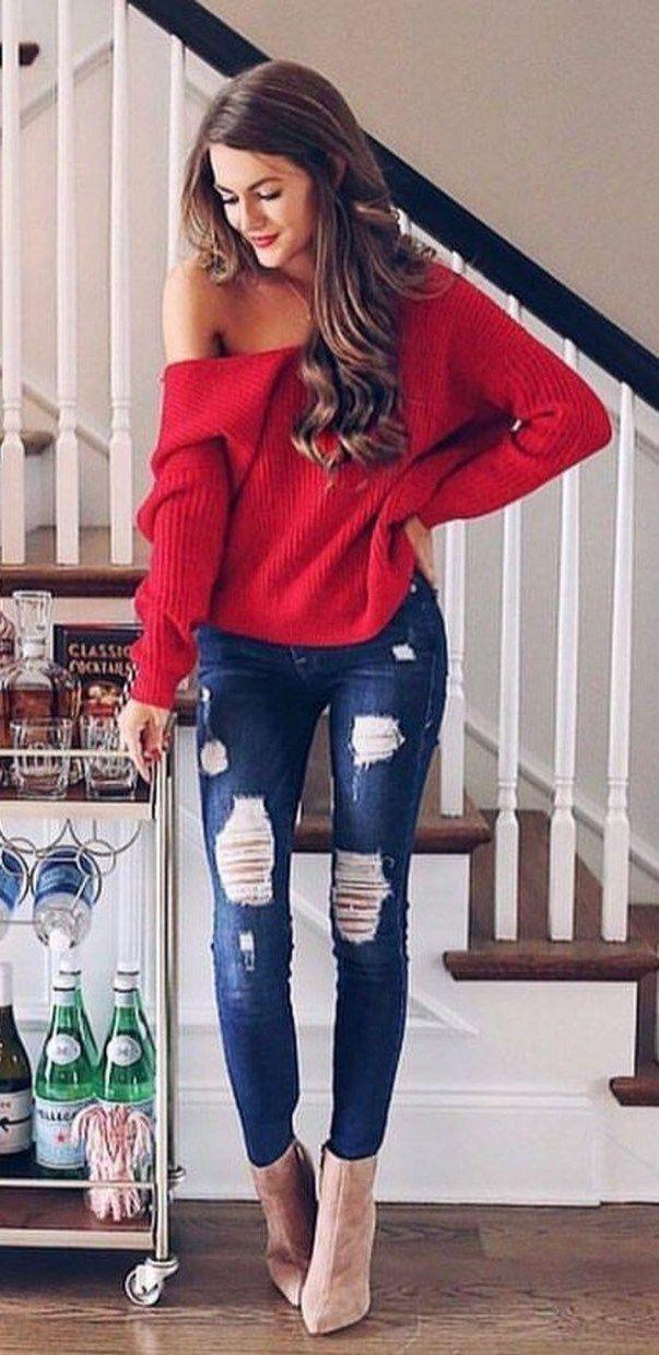 red and denim outfits