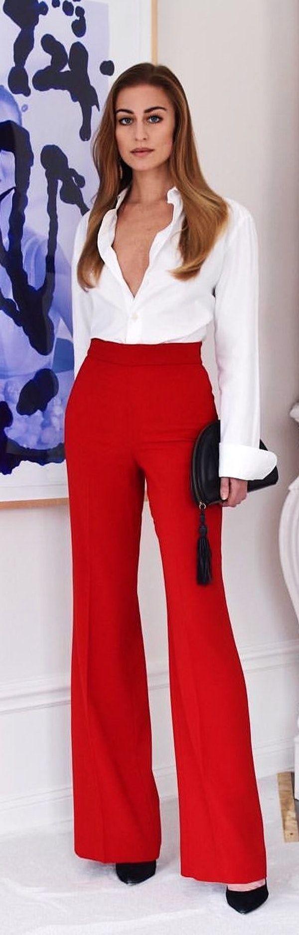 Blonde Woman in White Shirt and Red Trousers Stock Photo  Image of  fashion business 188002030