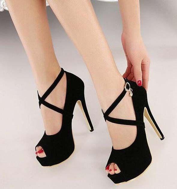 High Heel Pumps. Black Straps Acrossed Ankle Buckle Sandals on Stylevore