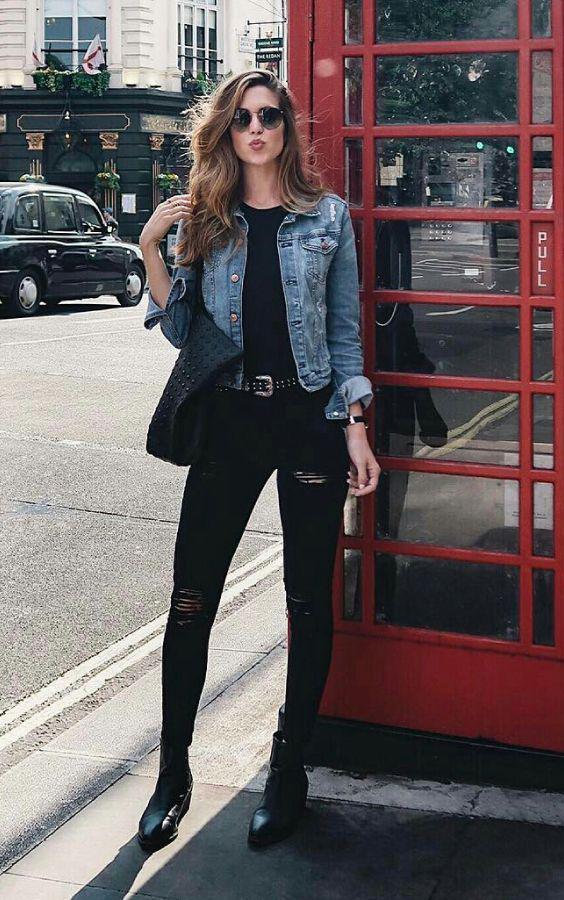 Black Ripped Jeans with Blue Denim Jacket & Black Tank Top Outfit Ideas for  Holidays in 2022 on Stylevore