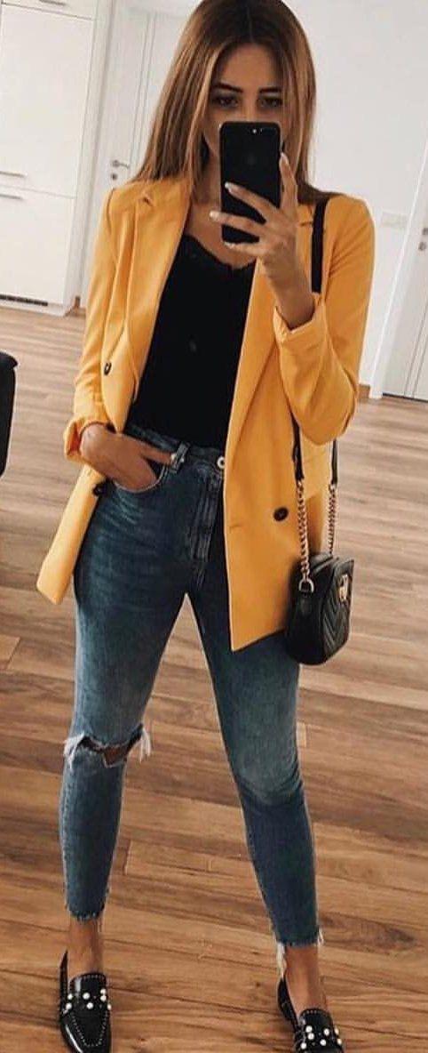 #summer #outfits yellow blazer. style on Stylevore