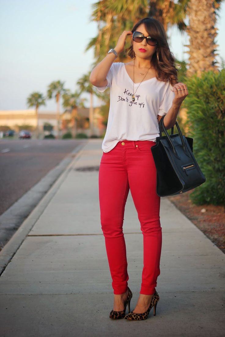 red shirt jeans outfit