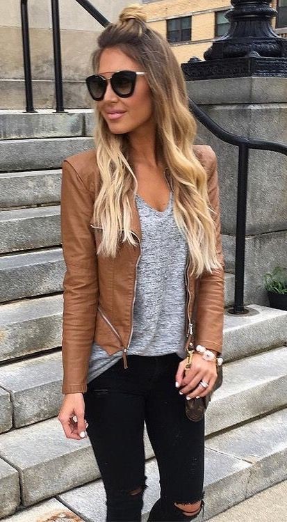 Brown leather jacket outfits on Stylevore
