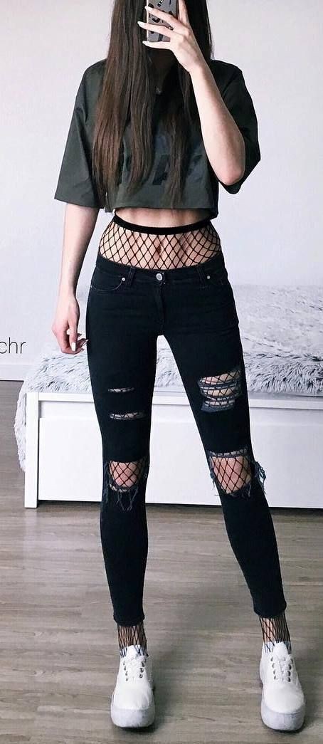 black ripped jeans and crop top