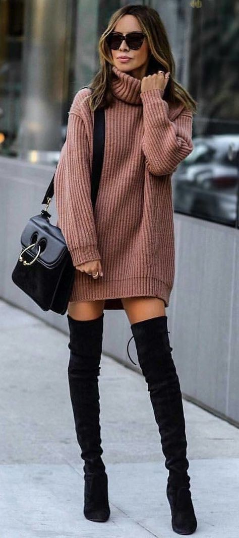 Sweater dress, Knee-high boot, Over-the 