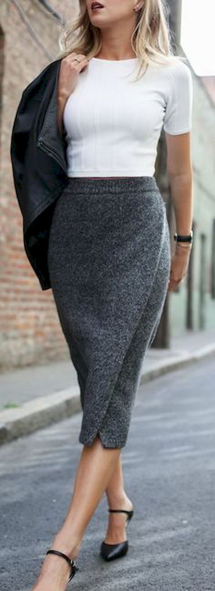casual pencil skirt outfits with sneakers