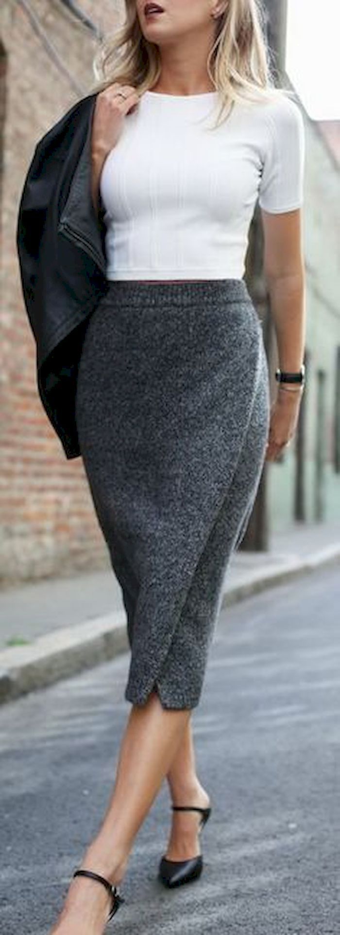 Grey Pencil Skirt Outfit Winter On Stylevore