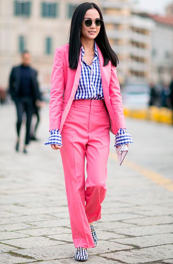 Pink blazer with pink pants on Stylevore