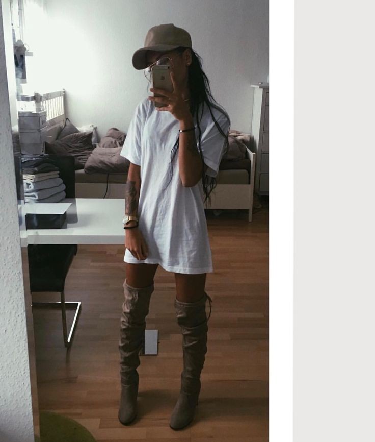 oversized shirt with thigh high boots