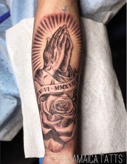 Grey Ink Religious Cross And Praying Hands Sleeve Tattoo
