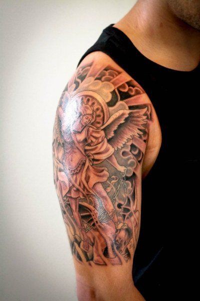 religious angel sleeve tattoos