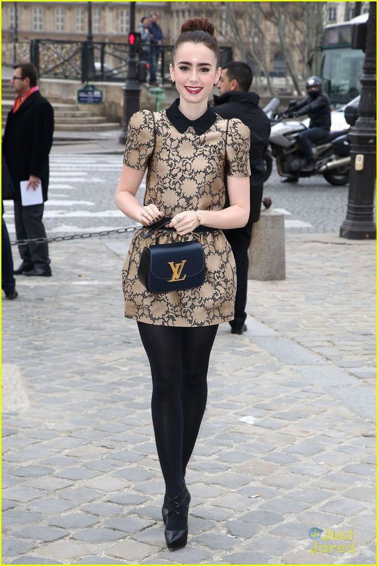 Lily collins louis vuitton, Lily Collins, Dresses With Stocking, Black  Pantyhose