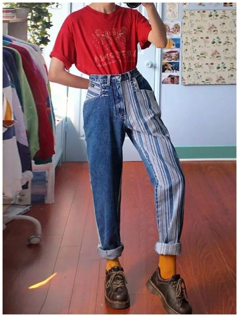 Fashion vertical striped straight denim trousers | School Outfits Ideas ...