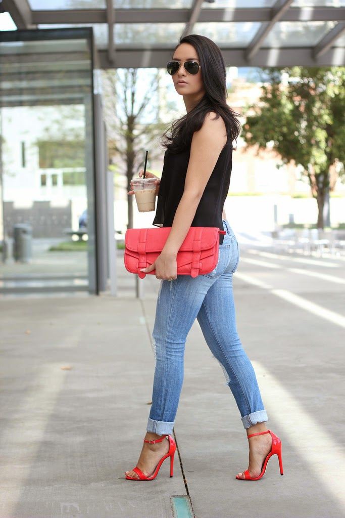 Dressy black top with jeans and red heels | Outfits With Red Shoes | High- heeled shoe, Red Shoes Outfits, Slim-fit pants