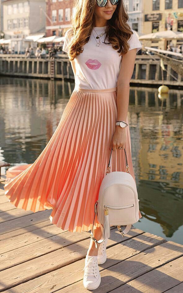 Peach pleated skirt outfit, Casual wear 