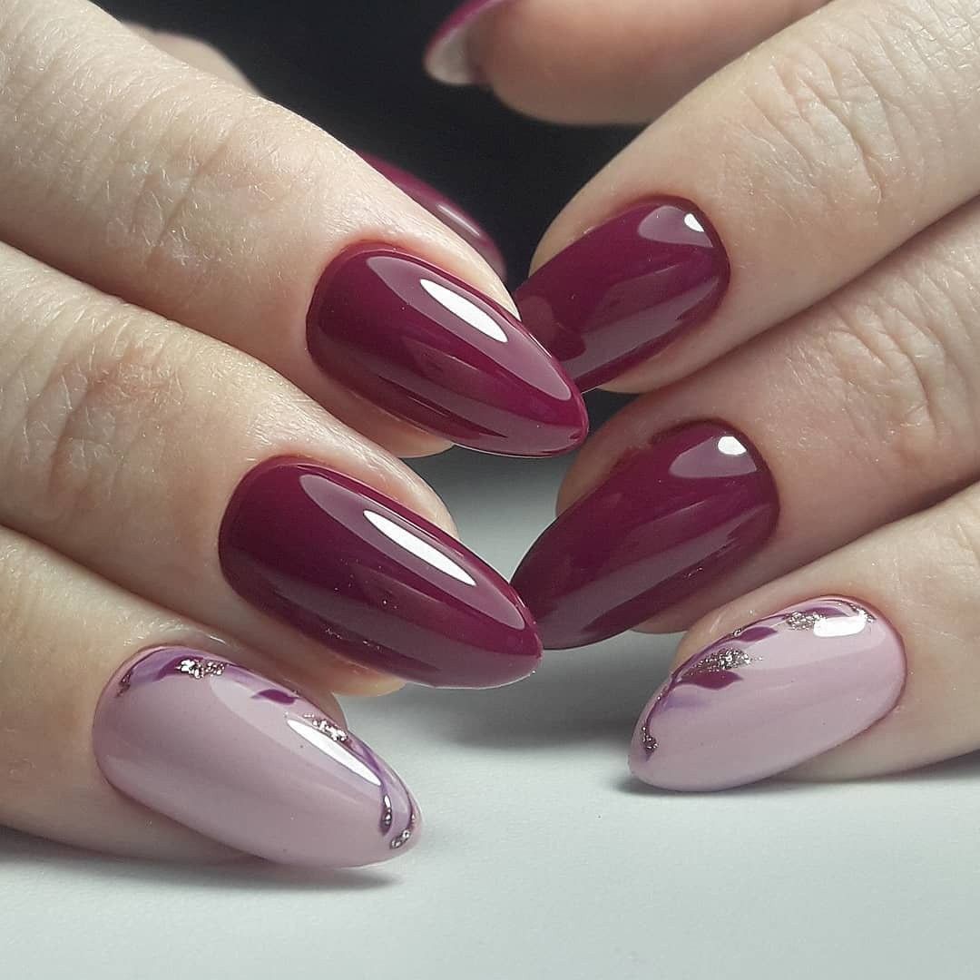 Almond Shaped Nails With Bordeaux And Metallic Accents