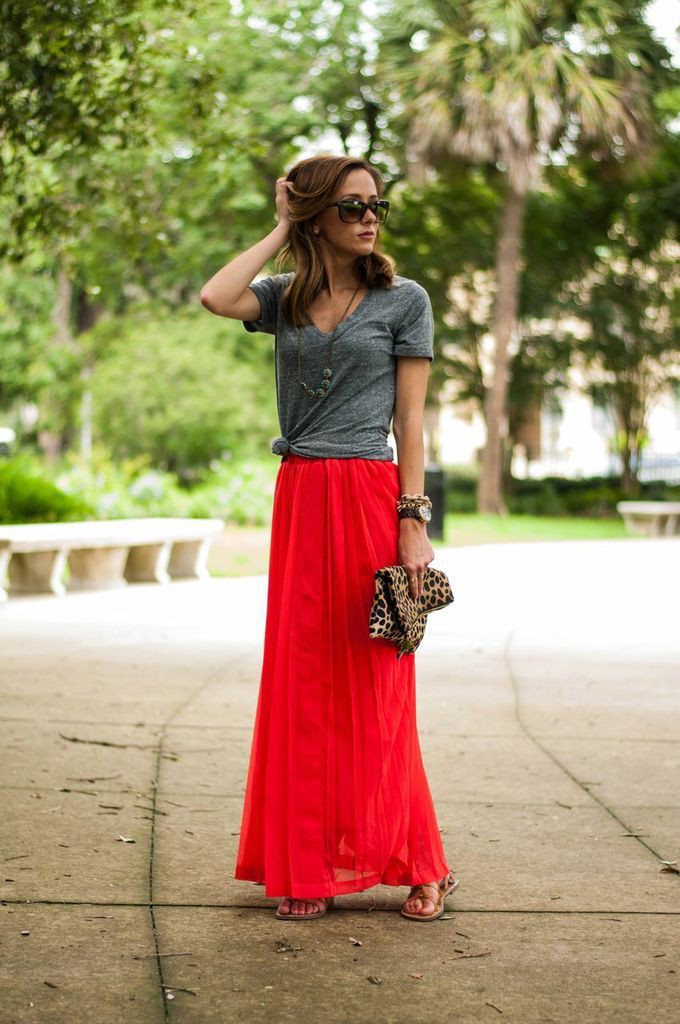 Red long skirt outfit, Maxi dress | Red Skirt Outfit | Animal print ...
