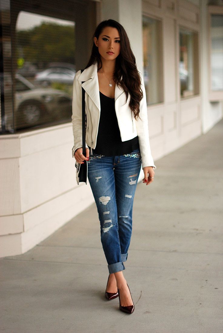 White leather jacket outfit | Outfits For Skinny Women | Leather jacket ...