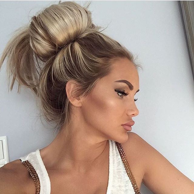 Top Knot Bun Hairstyle Ideas, Long Top knot | Top Knot Bun Hairstyle Ideas | Brown hair, Bun Hairstyle, tie