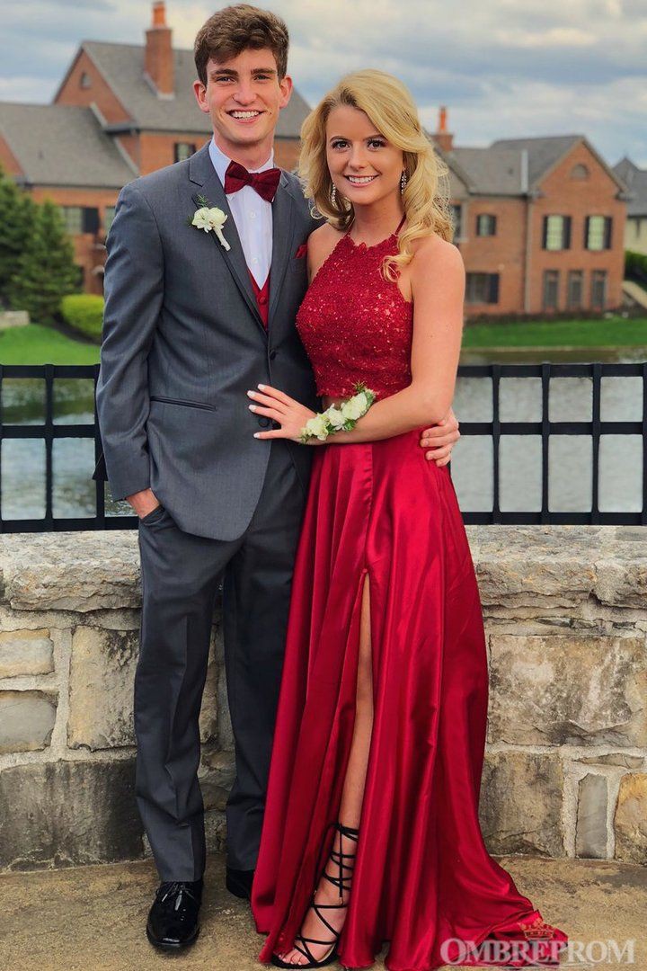 Red halter prom dress long Hoco Couple Outfits couple outfits
