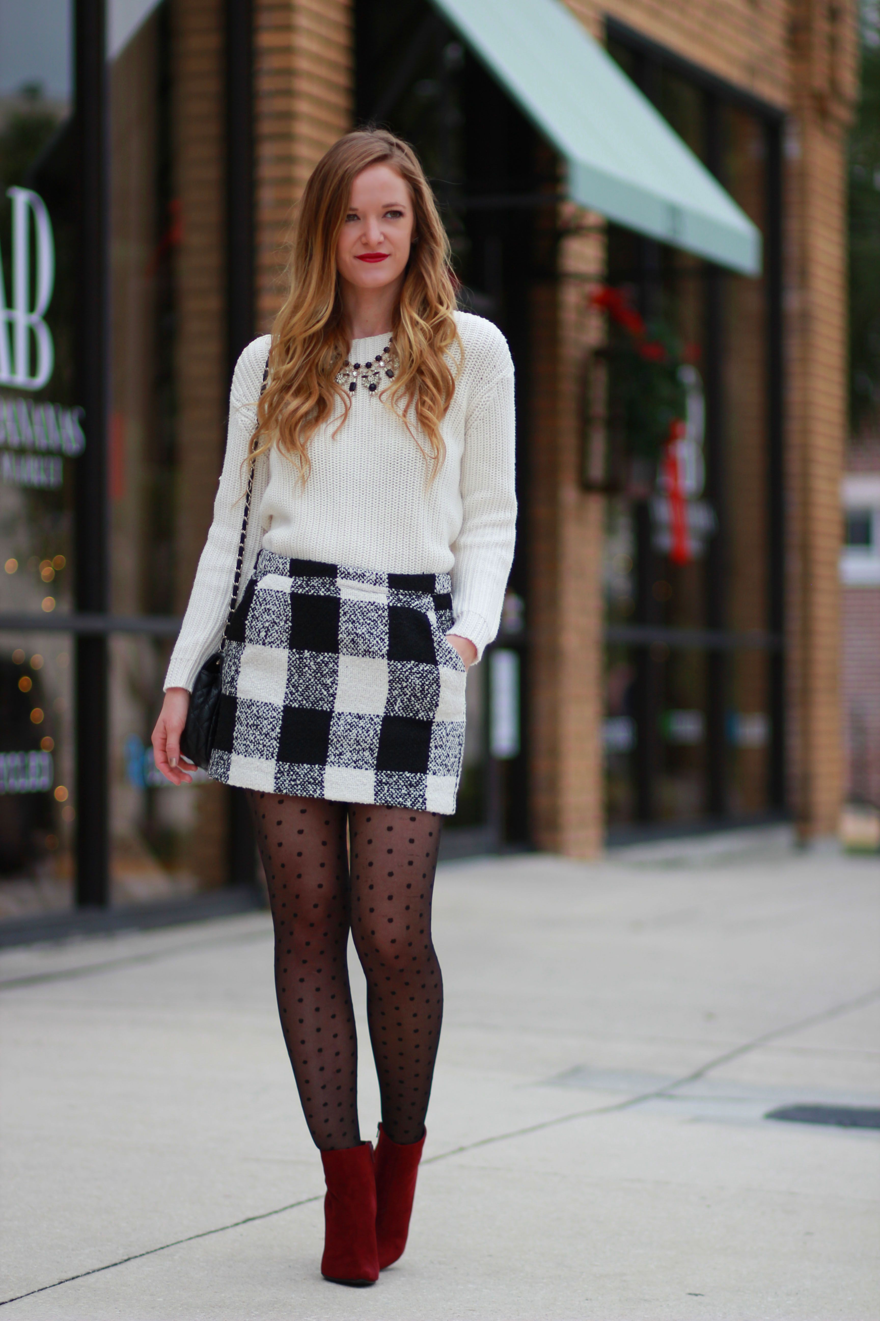 Wear with a plaid skirt | Outfits With Polka Dot Tights | Outfit With ...