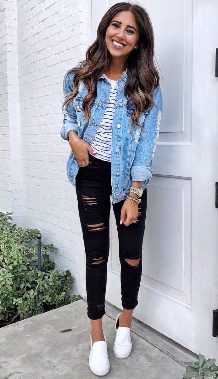 Black ripped jean outfits, Jean jacket | Cute Spring Outfits For School ...