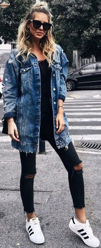 outfits with long denim jackets