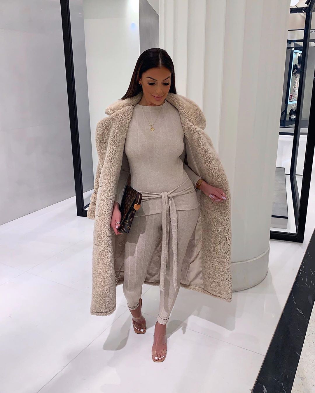 beige colour outfit with fur trench coat, overcoat, coat | Katerina ...