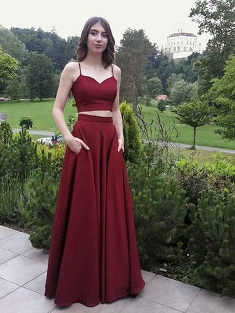 Two pieces prom dresses bridal party dress, spaghetti strap | Burgundy ...