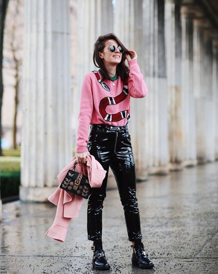 Pink Colour Outfit With Leather Jacket Mom Jeans Trousers Patent Leather Pants Outfit