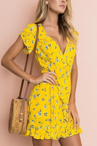Yellow attire with cocktail dress, wrap dress, dress | Casual Style ...