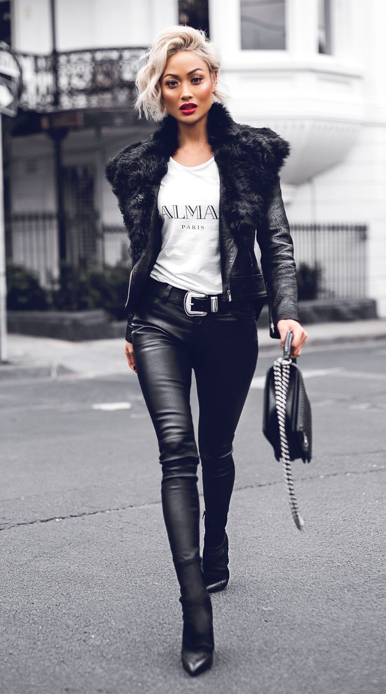 Black and white lookbook dress with leather jacket, crop top, trousers ...