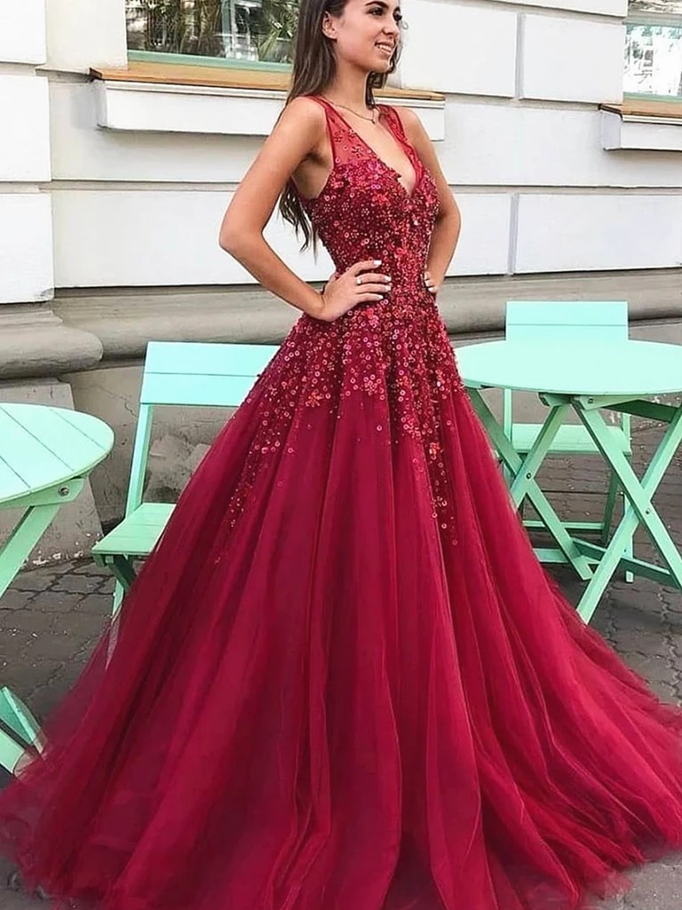 Dark red prom dress bridal party dress, fashion model | Burgundy Prom Dresses | A Line, gown, Black And Red Outfit