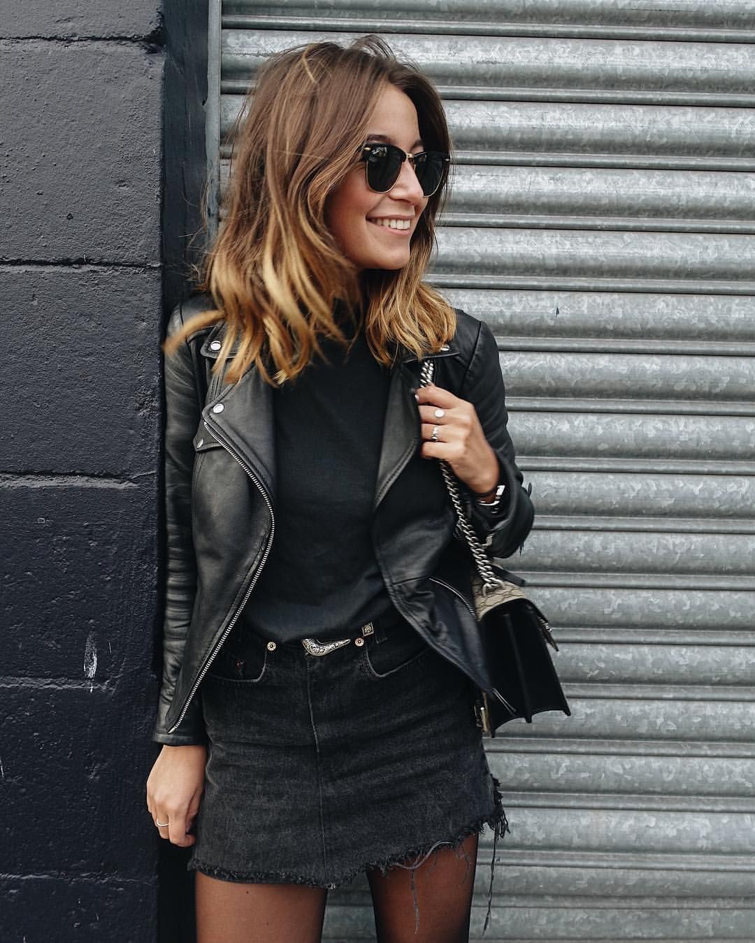 Black denim skirt outfit, leather jacket, street fashion, pencil skirt