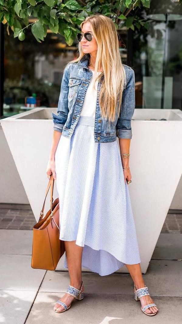 White colour combination with jean jacket, jacket, skirt | Pastel Tones ...