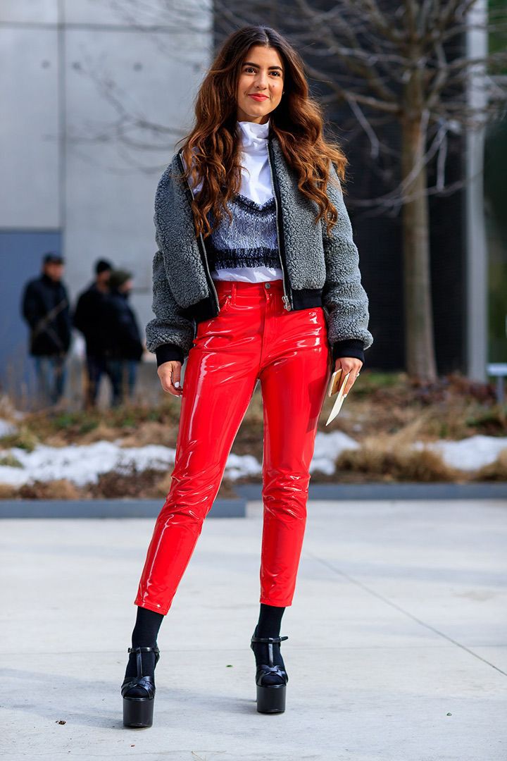 Red colour outfit, you must try leather, jacket, denim | Patent Leather Pants Outfit | fashion model, Fashion show, Fashion