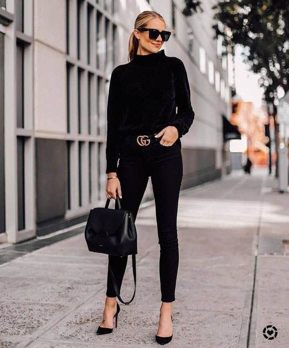 All black outfit women black and white, slim fit pants | Black On Black ...