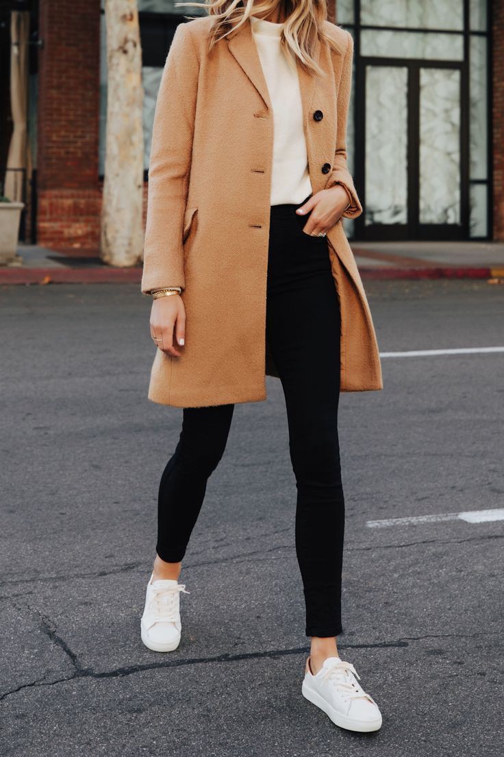 Brown and white colour outfit, you must try with trench coat, overcoat ...