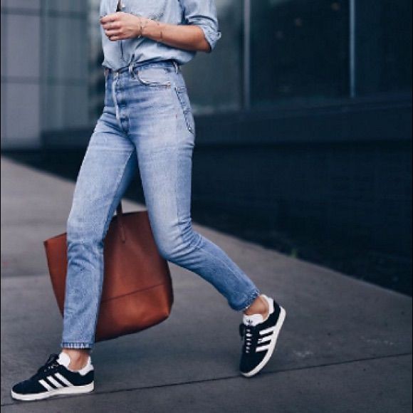 Outfit Pinterest gazelle adidas style, street fashion | Denim On Denim ...