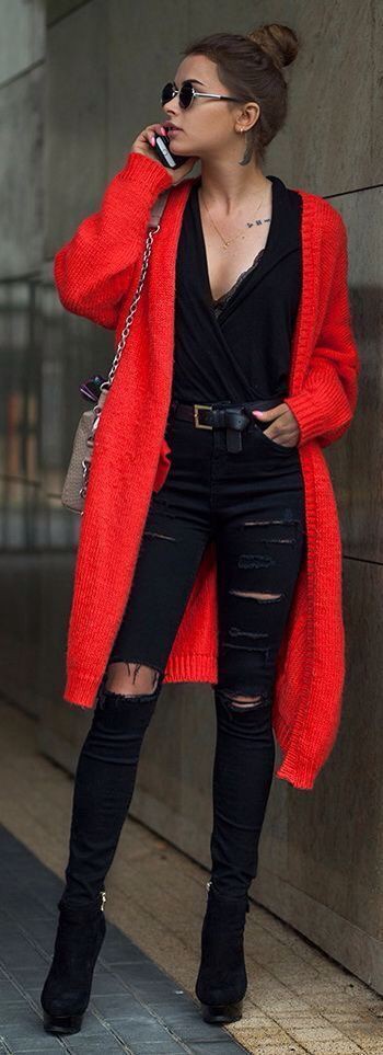 Red colour outfit ideas 2020 with sweater, blouse, jeans | Cardigan Outfits  | Cardigan Outfits 2020, Red Outfit, Street fashion